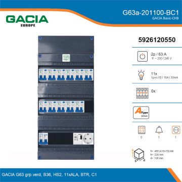 GACIA G63a-201100-BC1, 1-fase groepenkast 63A met aardlekautomaten, 11-groepen, beltrafo, 1V-contactdoos, details