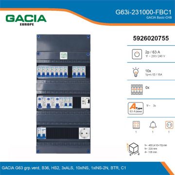 GACIA G63i-231000-FBC1, 1-fase groepenkast 63A met installatieautomaten, 11-groepen, fornuisgroep, beltrafo, 1V-contactdoos, details