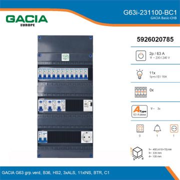 GACIA G63i-231100-BC1, 1-fase groepenkast 63A met installatieautomaten, 11-groepen, beltrafo, 1V-contactdoos, details