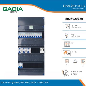 GACIA G63i-231100-B, 1-fase groepenkast 63A met installatieautomaten, 11-groepen, beltrafo, details