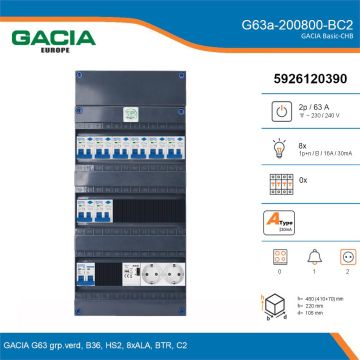 GACIA G63a-200800-BC2, 1-fase groepenkast 63A met aardlekautomaten, 8-groepen, beltrafo, 2V-contactdoos, details
