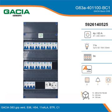 GACIA G63a-401100-BC1, 3-fase groepenkast 63A met aardlekautomaten, 11-groepen, beltrafo, 1V-contactdoos, details