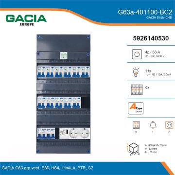GACIA G63a-401100-BC2, 3-fase groepenkast 63A met aardlekautomaten, 11-groepen, beltrafo, 2V-contactdoos, details