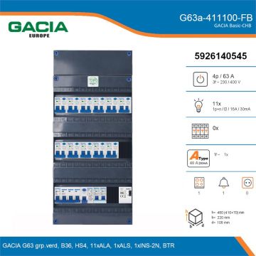 GACIA G63a-411100-FB, 3-fase groepenkast 63A met aardlekautomaten, 12-groepen, fornuisgroep, beltrafo, details