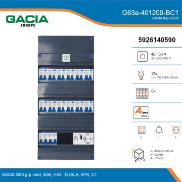 GACIA G63a-401200-BC1, 3-fase groepenkast 63A met aardlekautomaten, 12-groepen, beltrafo, 1V-contactdoos, details