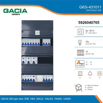 GACIA G63i-431011, 3-fase groepenkast 63A met installatieautomaten, 11-groepen, details