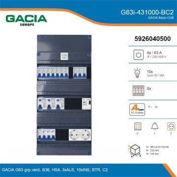 GACIA G63i-431000-BC2, 3-fase groepenkast 63A met installatieautomaten, 10-groepen, beltrafo, 2V-contactdoos, details