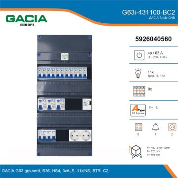 GACIA G63i-431100-BC2, 3-fase groepenkast 63A met installatieautomaten, 11-groepen, beltrafo, 2V-contactdoos, details