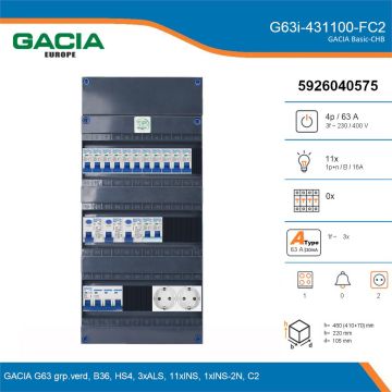 GACIA G63i-431100-FC2, 3-fase groepenkast 63A met installatieautomaten, 12-groepen, fornuisgroep, 2V-contactdoos, details