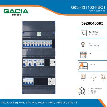 GACIA G63i-431100-FBC1, 3-fase groepenkast 63A met installatieautomaten, 12-groepen, fornuisgroep, beltrafo, 1V-contactdoos, details