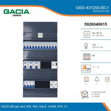 GACIA G63i-431200-BC1, 3-fase groepenkast 63A met installatieautomaten, 12-groepen, beltrafo, 1V-contactdoos, details