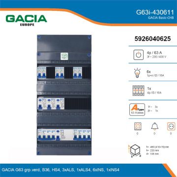 GACIA G63i-430611, 3-fase groepenkast 63A met installatieautomaten, 7-groepen, details