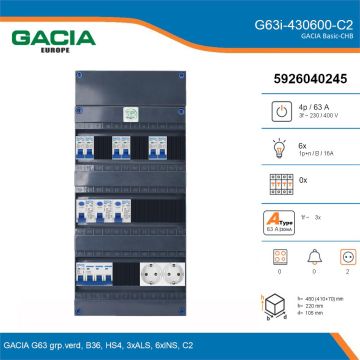 GACIA G63i-430600-C2, 3-fase groepenkast 63A met installatieautomaten, 6-groepen, 2V-contactdoos, details