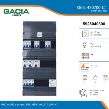 GACIA G63i-430700-C1, 3-fase groepenkast 63A met installatieautomaten, 7-groepen, 1V-contactdoos, details