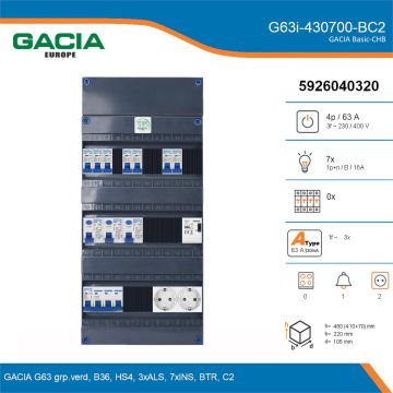 GACIA G63i-430700-BC2, 3-fase groepenkast 63A met installatieautomaten, 7-groepen, beltrafo, 2V-contactdoos, details