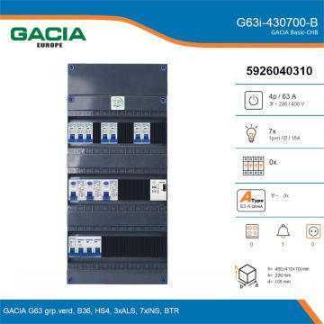 GACIA G63i-430700-B, 3-fase groepenkast 63A met installatieautomaten, 7-groepen, beltrafo, details