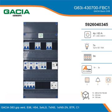 GACIA G63i-430700-FBC1, 3-fase groepenkast 63A met installatieautomaten, 8-groepen, fornuisgroep, beltrafo, 1V-contactdoos, details
