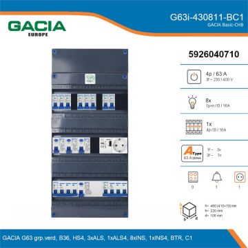 GACIA G63i-430811-BC1, 3-fase groepenkast 63A met installatieautomaten, 9-groepen, beltrafo, 1V-contactdoos, details