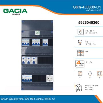 GACIA G63i-430800-C1, 3-fase groepenkast 63A met installatieautomaten, 8-groepen, 1V-contactdoos, details