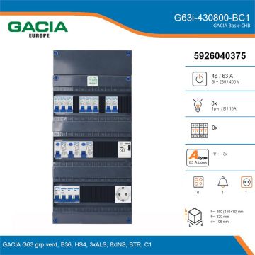 GACIA G63i-430800-BC1, 3-fase groepenkast 63A met installatieautomaten, 8-groepen, beltrafo, 1V-contactdoos, details