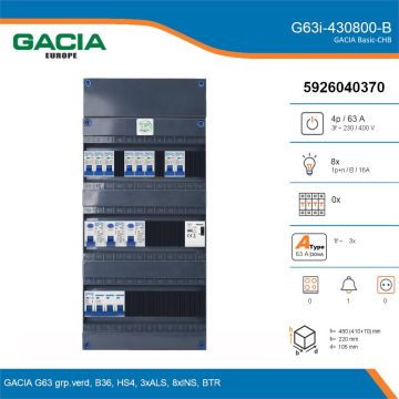 GACIA G63i-430800-B, 3-fase groepenkast 63A met installatieautomaten, 8-groepen, beltrafo, details