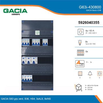 GACIA G63i-430800, 3-fase groepenkast 63A met installatieautomaten, 8-groepen, details