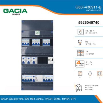 GACIA G63i-430911-B, 3-fase groepenkast 63A met installatieautomaten, 10-groepen, beltrafo, details
