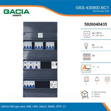 GACIA G63i-430900-BC1, 3-fase groepenkast 63A met installatieautomaten, 9-groepen, beltrafo, 1V-contactdoos, details