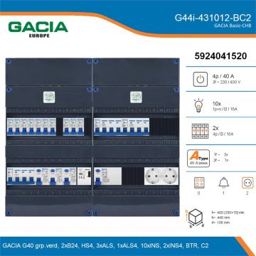 GACIA G44i-431012-BC2, 3-fase groepenkast 40A met installatieautomaten, 12-groepen, beltrafo, 2V-contactdoos, details