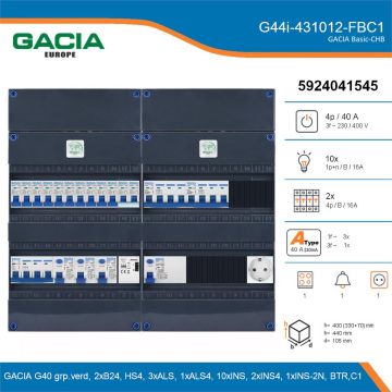 GACIA G44i-431012-FBC1, 3-fase groepenkast 40A met installatieautomaten, 13-groepen, fornuisgroep, beltrafo, 1V-contactdoos, details