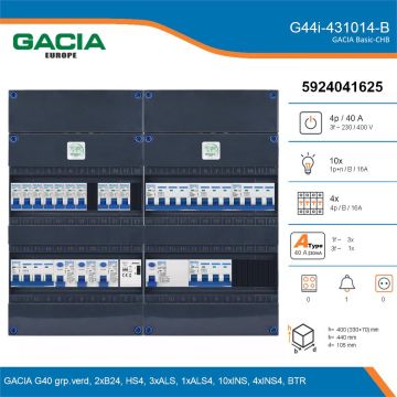 GACIA G44i-431014-B, 3-fase groepenkast 40A met installatieautomaten, 14-groepen, beltrafo, details