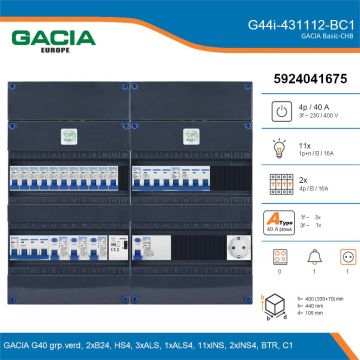 GACIA G44i-431112-BC1, 3-fase groepenkast 40A met installatieautomaten, 13-groepen, beltrafo, 1V-contactdoos, details