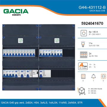 GACIA G44i-431112-B, 3-fase groepenkast 40A met installatieautomaten, 13-groepen, beltrafo, details