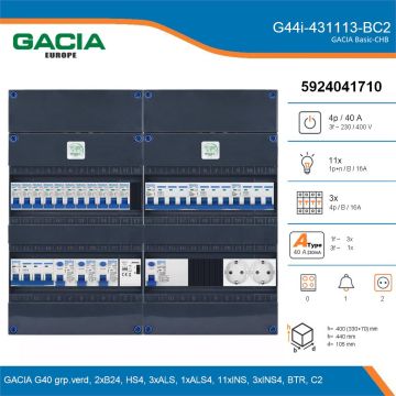 GACIA G44i-431113-BC2, 3-fase groepenkast 40A met installatieautomaten, 14-groepen, beltrafo, 2V-contactdoos, details
