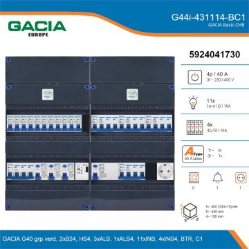 GACIA G44i-431114-BC1, 3-fase groepenkast 40A met installatieautomaten, 15-groepen, beltrafo, 1V-contactdoos, details