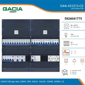 GACIA G44i-431213-C2, 3-fase groepenkast 40A met installatieautomaten, 15-groepen, 2V-contactdoos, details