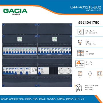 GACIA G44i-431213-BC2, 3-fase groepenkast 40A met installatieautomaten, 15-groepen, beltrafo, 2V-contactdoos, details