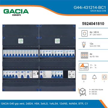 GACIA G44i-431214-BC1, 3-fase groepenkast 40A met installatieautomaten, 16-groepen, beltrafo, 1V-contactdoos, details