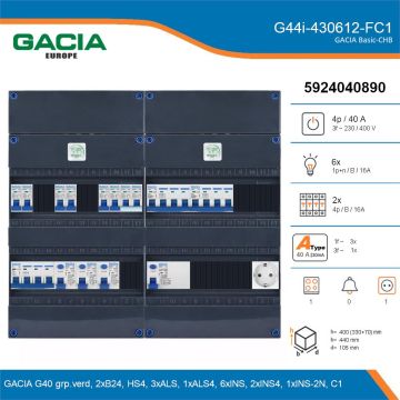 GACIA G44i-430612-FC1, 3-fase groepenkast 40A met installatieautomaten, 9-groepen, fornuisgroep, 1V-contactdoos, details
