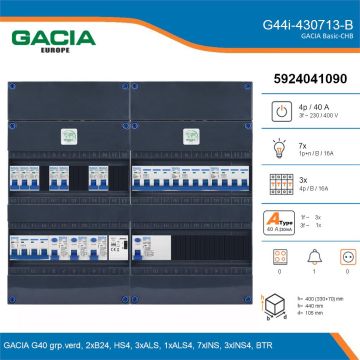 GACIA G44i-430713-B, 3-fase groepenkast 40A met installatieautomaten, 10-groepen, beltrafo, details