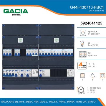GACIA G44i-430713-FBC1, 3-fase groepenkast 40A met installatieautomaten, 11-groepen, fornuisgroep, beltrafo, 1V-contactdoos, details