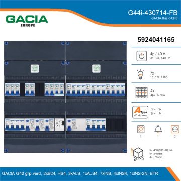 GACIA G44i-430714-FB, 3-fase groepenkast 40A met installatieautomaten, 12-groepen, fornuisgroep, beltrafo, details