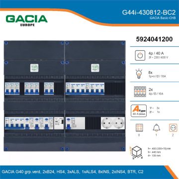 GACIA G44i-430812-BC2, 3-fase groepenkast 40A met installatieautomaten, 10-groepen, beltrafo, 2V-contactdoos, details