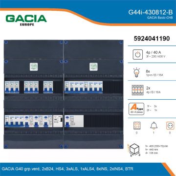 GACIA G44i-430812-B, 3-fase groepenkast 40A met installatieautomaten, 10-groepen, beltrafo, details