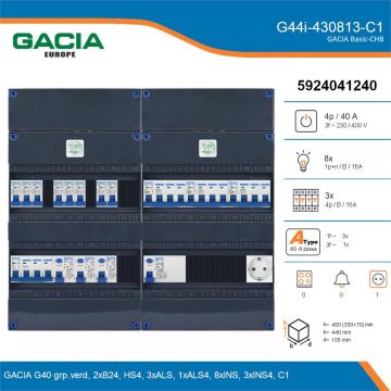 GACIA G44i-430813-C1, 3-fase groepenkast 40A met installatieautomaten, 11-groepen, 1V-contactdoos, details