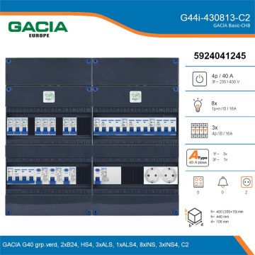 GACIA G44i-430813-C2, 3-fase groepenkast 40A met installatieautomaten, 11-groepen, 2V-contactdoos, details