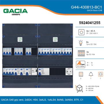 GACIA G44i-430813-BC1, 3-fase groepenkast 40A met installatieautomaten, 11-groepen, beltrafo, 1V-contactdoos, details