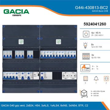 GACIA G44i-430813-BC2, 3-fase groepenkast 40A met installatieautomaten, 11-groepen, beltrafo, 2V-contactdoos, details