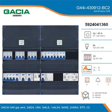 GACIA G44i-430912-BC2, 3-fase groepenkast 40A met installatieautomaten, 11-groepen, beltrafo, 2V-contactdoos, details