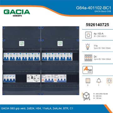 GACIA G64a-401102-BC1, 3-fase groepenkast 63A met aardlekautomaten, 13-groepen, beltrafo, 1V-contactdoos, details